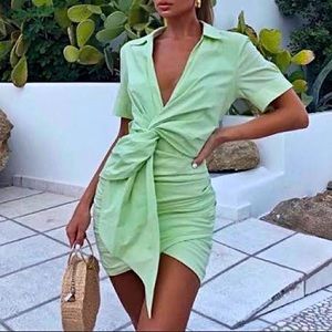 Zara Ruched Green Mini Poplin Dress